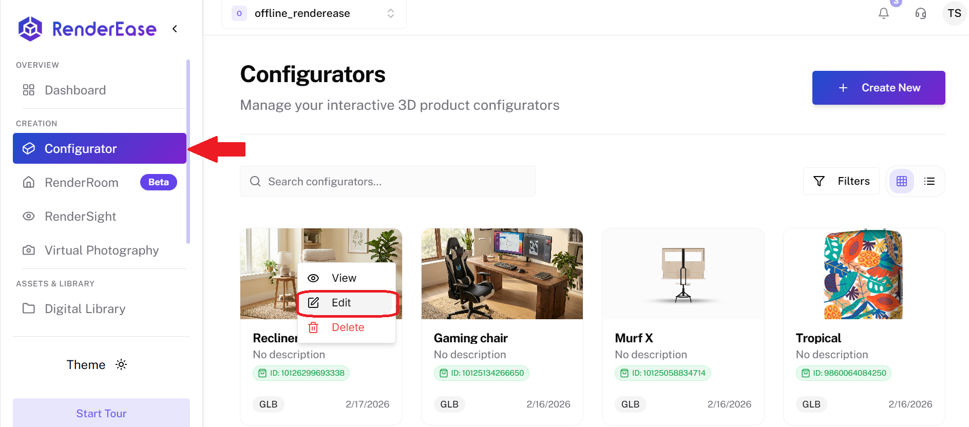 Configurator Menu – Edit Option