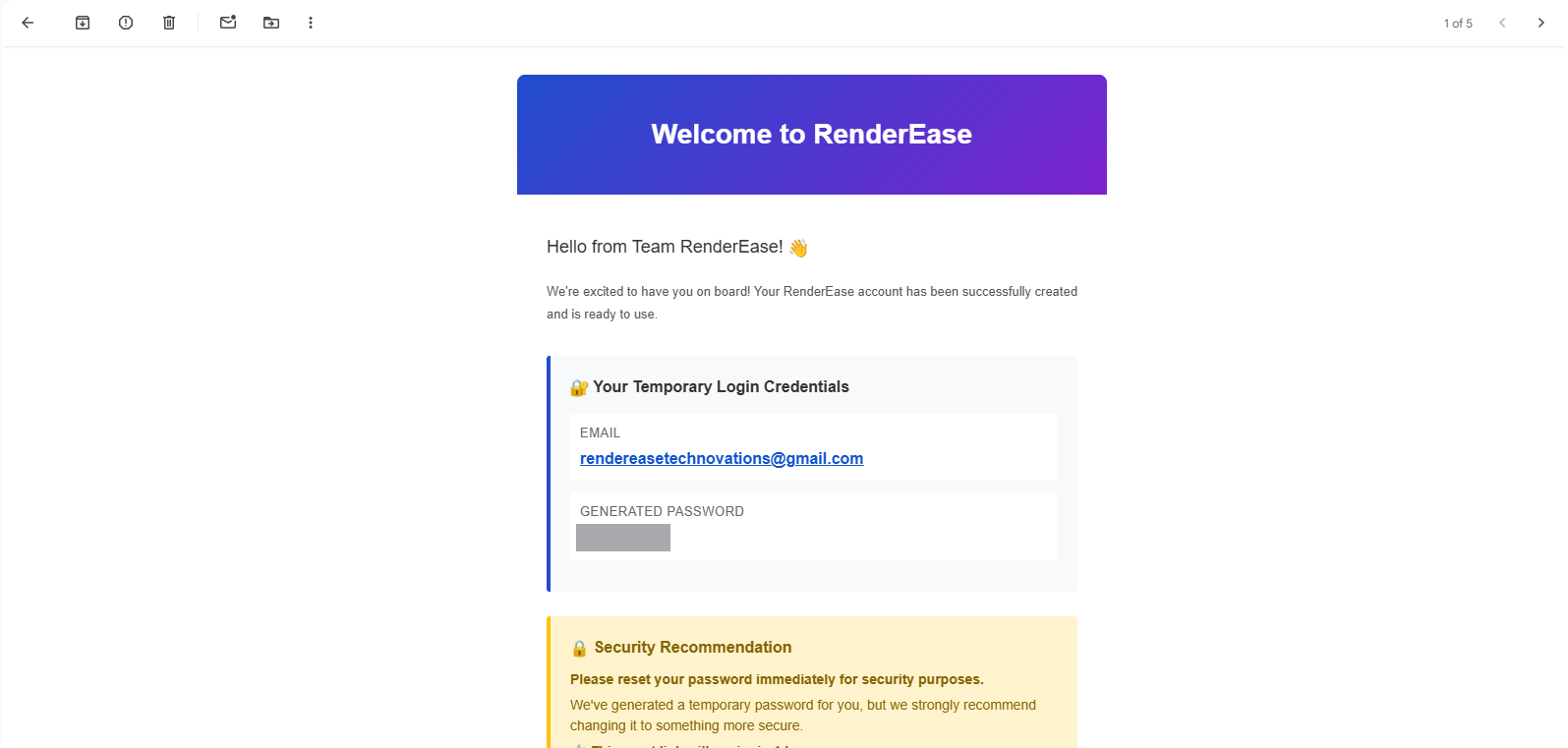 Email with login credentials