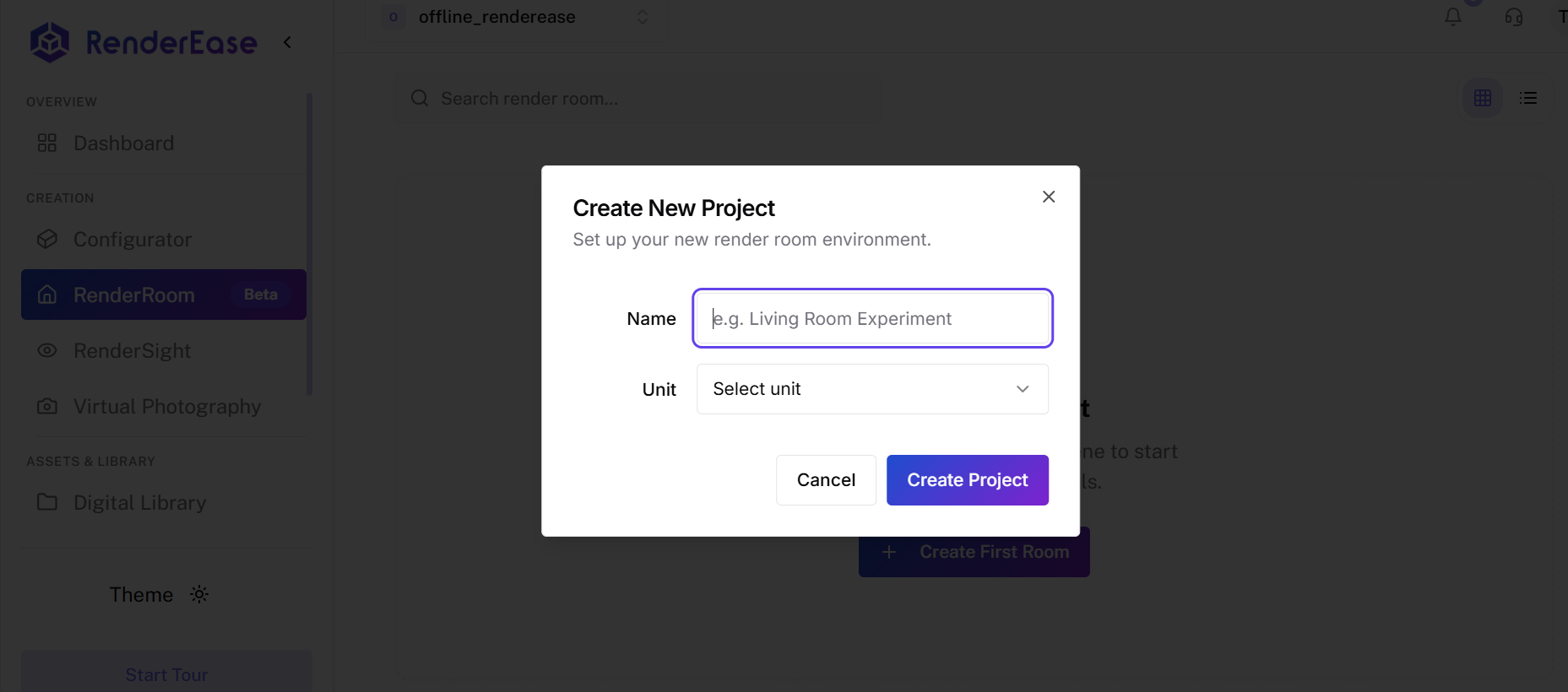 Create New Render Room Project